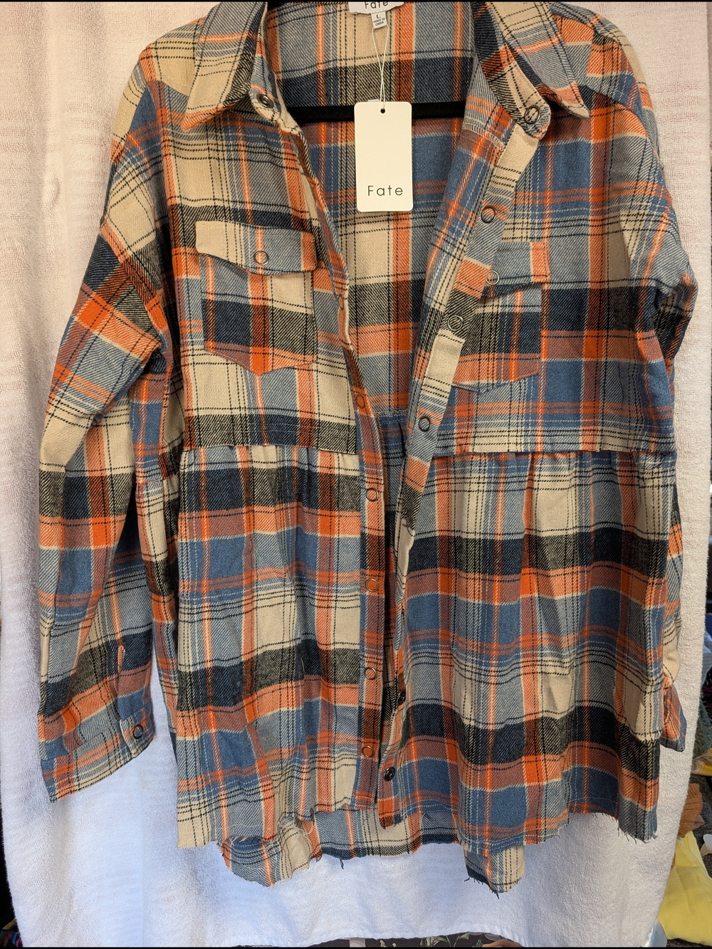Fate Women's Orange and Blue Plaid Snap Shirt With Ruffle Peblum